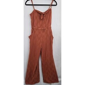 ROXY Womens M Smocked Tie Front Jumpsuit‎ Terracotta Rust Wide Leg Beach Boho